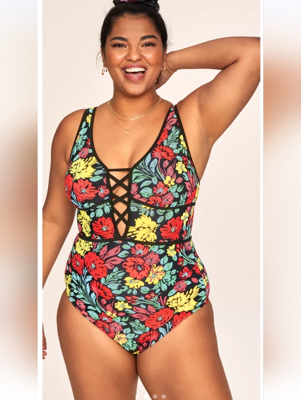 Plus Size Floral One-Piece Swimsuit - Black with Red, Yellow & Blue 1X